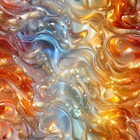 Swirling liquid marble pattern in orange, blue and gold with glowing sparkles and bubbles creates luxurious abstract background for design projects.