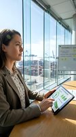 Professional businesswoman analyzing sustainability data on tablet in modern office overlooking industrial port for corporate environmental reporting.