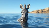 Zebra swimming in blue ocean water with head above surface against rocky coastal background, close-up portrait showing distinctive stripes and ears in natural sunlight.