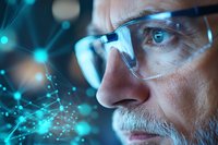 Mature Caucasian male scientist wearing glasses observes glowing network visualization with blue digital particles, representing artificial intelligence and data analysis.