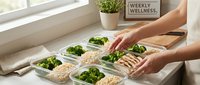 Person preparing healthy meal prep containers with fresh broccoli and grains for weekly nutrition planning and diet organization.