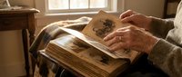 Elderly hands turning pages of vintage photo album filled with old family memories in warm sunlit room creating nostalgic atmosphere for storytelling projects.