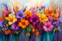 Vibrant wildflowers in orange, purple, and pink bloom against a turquoise background, creating a dreamy garden scene with flowing watercolor effects and delicate petals.