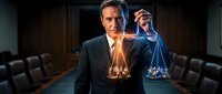 Professional businessman in dark suit holding balanced scales with glowing elements in corporate boardroom setting for legal and justice concepts.