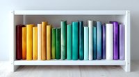Colorful books arranged in rainbow spectrum order on white wooden shelf, creating minimalist aesthetic display for home decor and interior design inspiration.