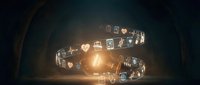 Digital technology spiral with glowing icons representing social media, communication and connectivity in futuristic dark environment.