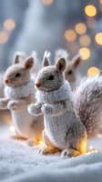 Handcrafted knitted squirrel decorations with fluffy tails on snowy surface against blurred golden bokeh lights, creating cozy winter holiday atmosphere.