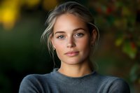 Young Caucasian woman with natural makeup and blonde hair in casual grey sweater against blurred autumn background. Confident direct gaze portrays authenticity and modern lifestyle.
