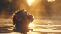 Young Asian man swimming in golden water at sunset, face turned up towards sunlight creating atmospheric silhouette with water droplets and backlit hair.