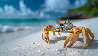 Orange ghost crab on tropical beach sand with turquoise ocean and blue sky background, marine wildlife in natural coastal habitat.