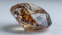 Faceted amber gemstone with golden inclusions and transparent edges on neutral background, showcasing natural fossil resin's rich color and clarity.