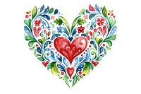 Decorative heart shape made with watercolor floral elements featuring red, blue and green leaves, swirls and small flowers in folk art style on white background.