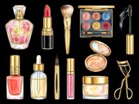 Watercolor makeup and beauty cosmetics set isolated on transparent background. Lipstick, eyeshadow palette, brush, mascara, perfume, nail polish, clipart for T-shirts and print on demand.