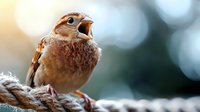 Small brown sparrow bird singing with open beak perched on rope outdoors in natural sunlight with blurred background for wildlife and nature projects.