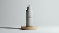 Minimalist skincare bottle with wooden base on white background, isolated product mockup for cosmetics branding and packaging design.