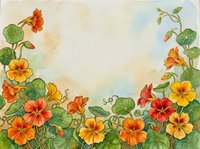 Watercolor nasturtium flowers border with orange and yellow blooms, green leaves, and copy space for greeting cards and invitations.