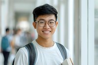 Young Asian male student wearing glasses and backpack smiling confidently at university campus. Perfect for education, college life, and youth lifestyle marketing materials.