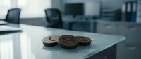 Three wooden coins with cryptocurrency symbols arranged on a glass desk in a modern office environment with blurred background.