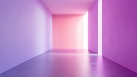 Minimalist empty room interior with pink and purple gradient lighting creating atmospheric mood. Architectural space with clean walls and reflective floor.