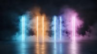 Glowing neon light tubes reflect on wet surface against dark smoky background with vibrant blue, orange and purple colors creating futuristic atmosphere.