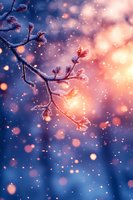 Frost-covered tree branches against pink sunset sky with falling snow creating magical winter atmosphere, bokeh lights adding dreamy effect to nature scene.
