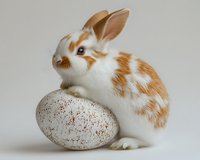 Adorable white and brown spotted bunny rabbit sitting on speckled egg against neutral background. Perfect for Easter holiday designs and spring season themes.