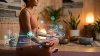 Young woman meditating with holographic wellness icons floating around her in cozy home setting. Digital health technology concept for mindfulness apps.
