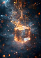 Magical glowing box exploding with golden light particles and sparks against dark mystical background, perfect for fantasy book covers and spiritual concept designs.