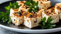 Grilled tofu cubes seasoned with black pepper and spices on dark plate garnished with fresh parsley leaves, close up view of healthy protein appetizer.