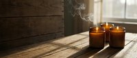 Lit candles in amber glass jars on wooden surface with sunlight streaming through window, creating warm ambiance for relaxation, wellness, and home decor.