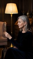 Elegant mature Caucasian woman with gray hair examining herself in ornate hand mirror in luxurious vintage interior with warm lamp lighting and classic furniture.