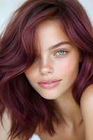 Young Caucasian woman with burgundy hair and blue eyes looking at camera with natural makeup and soft smile against light background, beauty portrait closeup.