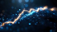 Glowing financial chart line with sparkles and particles on dark background with bokeh effect, showing market growth trend and success in business.