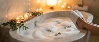 Relaxing spa bath with eucalyptus leaves and candles creating peaceful wellness atmosphere for self-care and stress relief at home.