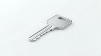 Shiny silver metal key isolated on white background, symbolizing security, access, and home ownership.