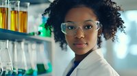 African American female scientist in lab coat and safety glasses smiles confidently while working in research laboratory with glass beakers containing yellow liquid specimens.
