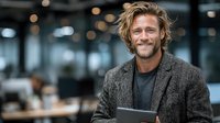 Confident middle-aged Caucasian businessman with wavy hair smiling in modern office holding tablet device for corporate presentations and meetings.