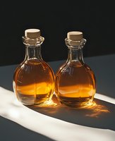 Two elegant glass bottles with cork stoppers filled with golden amber liquid creating warm shadows on white surface against dark background.
