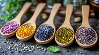 Colorful vitamin supplements and fish oil capsules in wooden spoons on dark background, healthy lifestyle concept for wellness and nutrition.