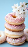 Stack of glazed donuts with pink icing and colorful sprinkles decorated with cherry blossom flowers on pastel blue background for spring bakery treats.