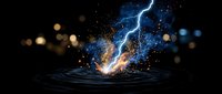 Electric lightning bolt striking water surface with dramatic sparks and glowing particles against dark background with bokeh lights for energy concepts.