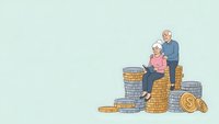 Senior couple sitting on stacks of gold coins representing retirement savings and financial security for elderly planning future investments.