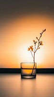 Single delicate flower branch in glass of water against warm sunset background creates minimalist composition with golden light and reflective surface.
