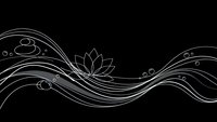 Elegant white line art lotus flower with flowing water waves and bubbles on black background for zen meditation and spa design projects.