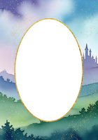 Watercolor fairy tale frame with gold glitter oval border, castle silhouette, and magical night sky for invitations and greeting cards.