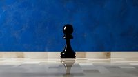 Black pawn chess piece standing alone on reflective checkered board against dramatic deep blue background with moody lighting and shadow effects.