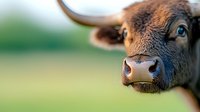 Close up portrait of brown cow face showing wet nose and blue eye against blurred green pasture background. Artistic farm animal photography.