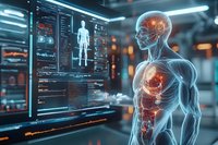 Futuristic medical visualization showing translucent human anatomy with highlighted organs and diagnostic screens in modern hospital environment. Digital healthcare concept.