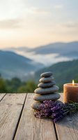 Zen stone stack with lavender and candle on wooden deck overlooking misty mountain landscape at sunset for meditation and wellness practices.
