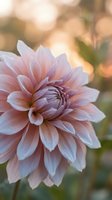 Soft pink dahlia flower in full bloom with delicate petals and warm bokeh background creating dreamy garden atmosphere for floral design projects.
